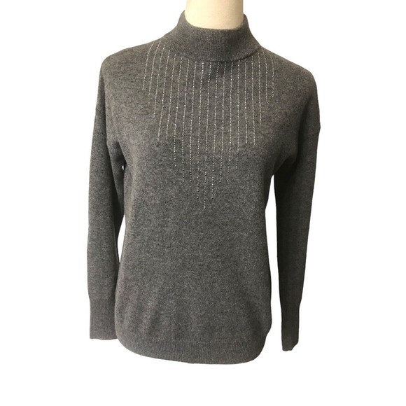 Neiman Marcus 100% Cashmere Collection Gray Embellished Mock Neck Sweater XS - Picture 1 of 8